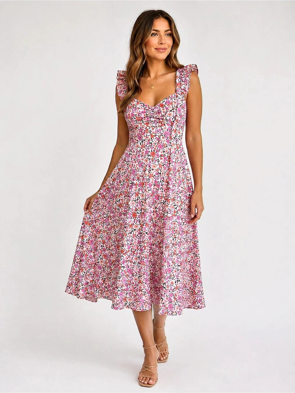 Fensace Floral Ruffle Strap Ruched Midi Sundress Pink Size M